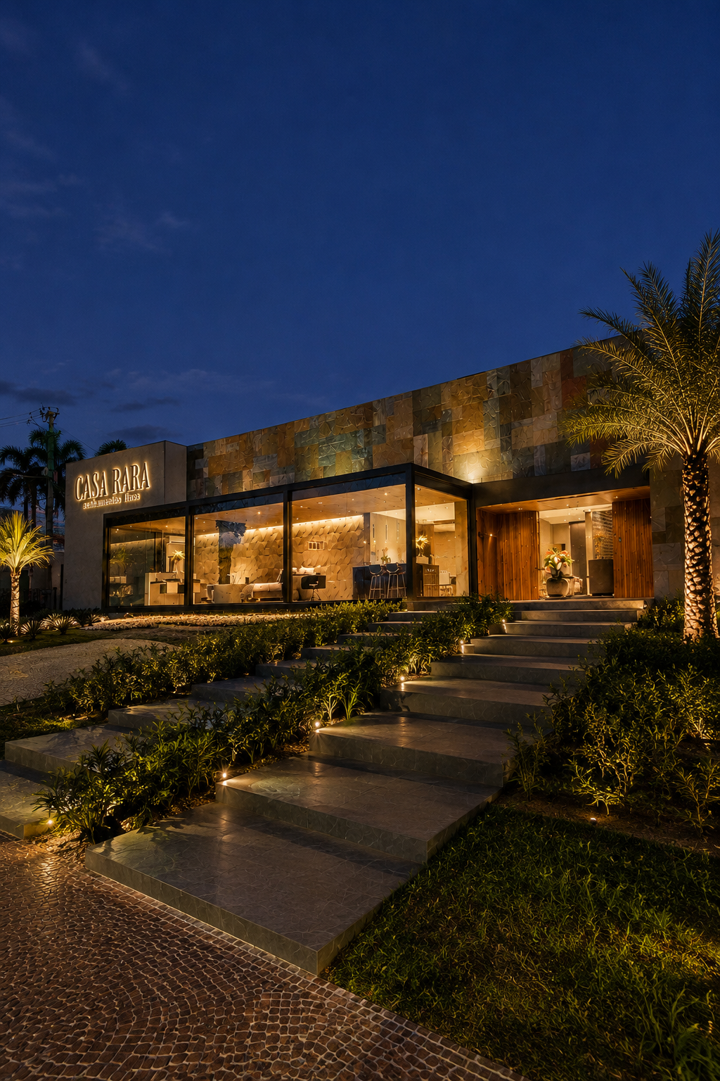Fachada noturna do showroom Casa Rara em Ribeirão Preto, iluminada com jardim e escadaria